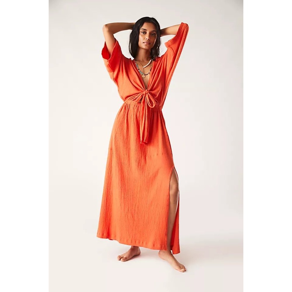 Free People Beach Endless Nights Maxi Dress Small‎ Orange Tie Front Boho Resort